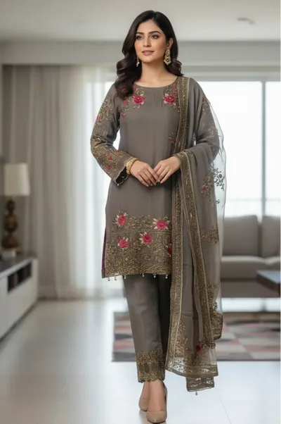 Elegant Charcoal Grey Embroidered Pakistani Suit – Hand-Crafted Floral Zari Work – 3-Piece Festive Wear