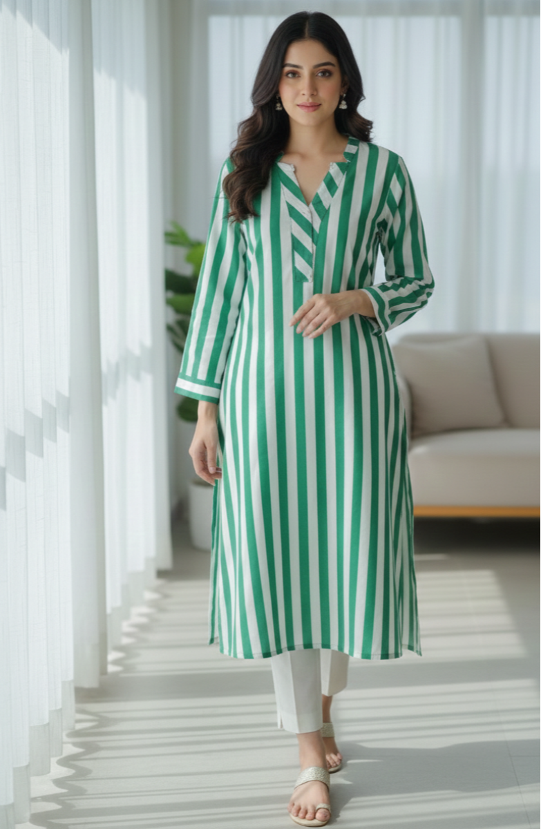 Beechtree Emerald Green & White Striped Kurta – 14 August Edition