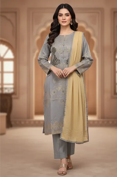 Elegant Ash Grey Embroidered Salwar Kameez with Pale Gold Dupatta