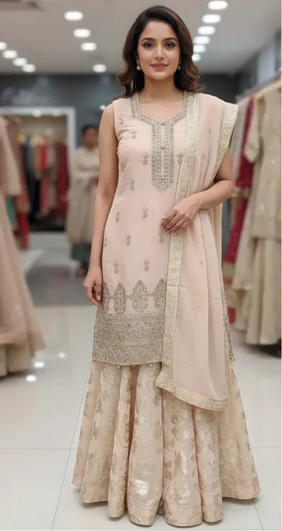 Elegant Peach & Gold Embroidered Sharara Suit with Dupatta – Festive Ethnic Wear