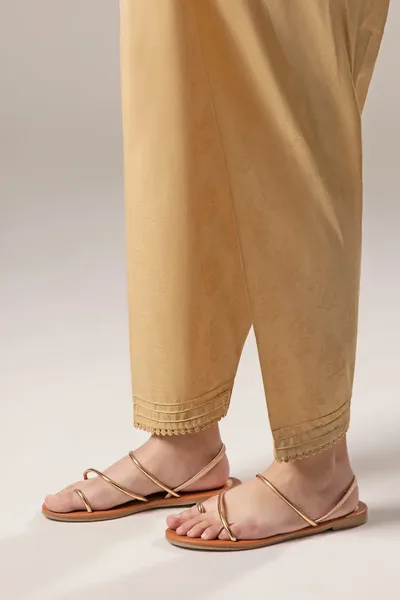 Dyed Dobby Shalwar Women’s Beige Straight Pants with Embroidered Hem – Casual Wear