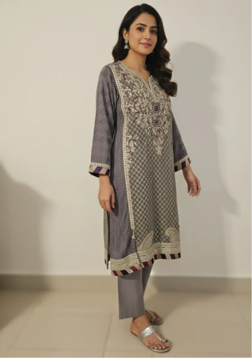 Vintage Grey Embroidered Kurta Set - Kashmiri Inspired 2-Piece Ethnic Wear