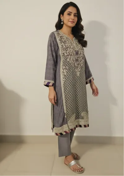 Vintage Grey Embroidered Kurta Set - Kashmiri Inspired 2-Piece Ethnic Wear