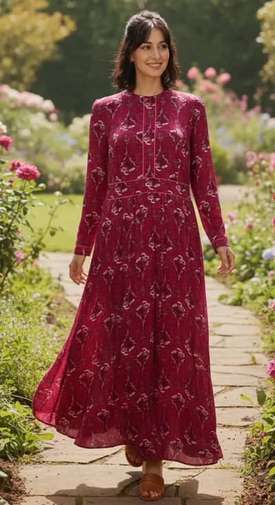 Vintage-Inspired Magenta Floral Long Sleeve Maxi Dress – Bohemian Garden Collection