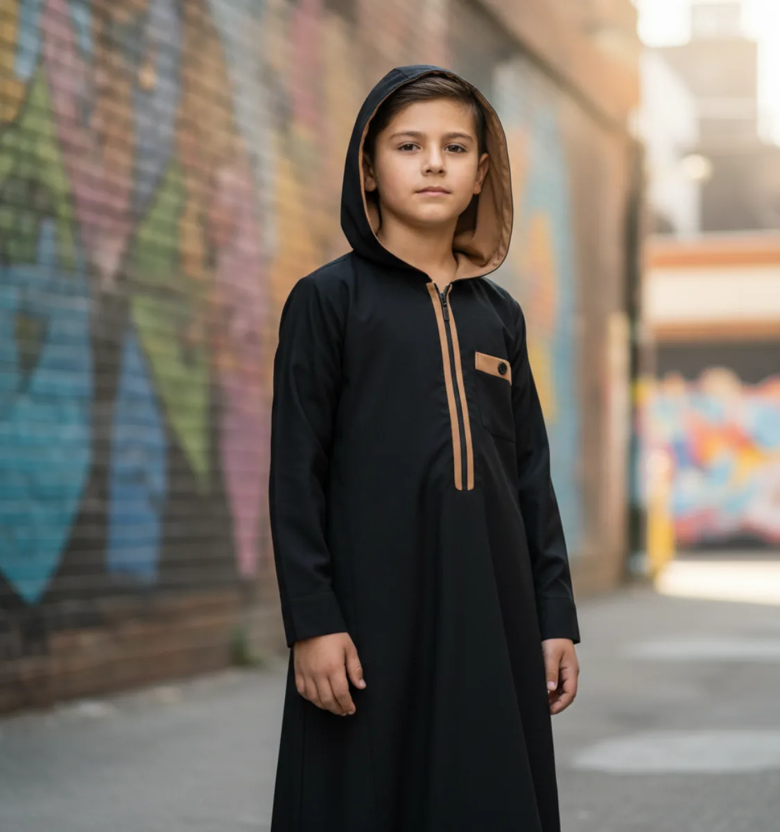 Boys' Urban Hoodie Jubba – Black & Tan Sporty Thobe