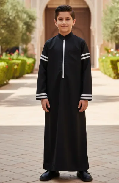 Premium Boys Black Thobe with White Accent Stripes | Modern Jubba for Kids