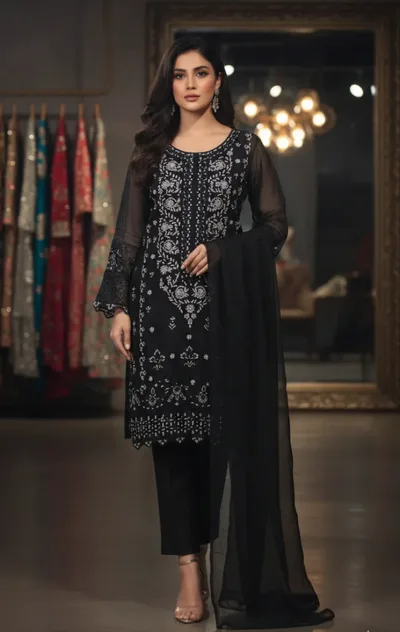 Midnight Grace: Embroidered Black Organza 3-Piece Suite with Silver Floral Threadwork