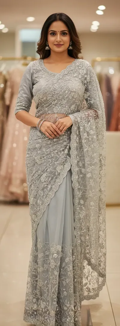 Elegant Silver-Grey Net Saree with Intricate Floral Embroidery and Scalloped Border