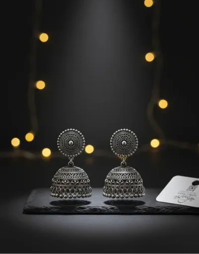 Handcrafted Traditional Oxidized Silver Jhumka Earrings with Intricate Filigree Detail