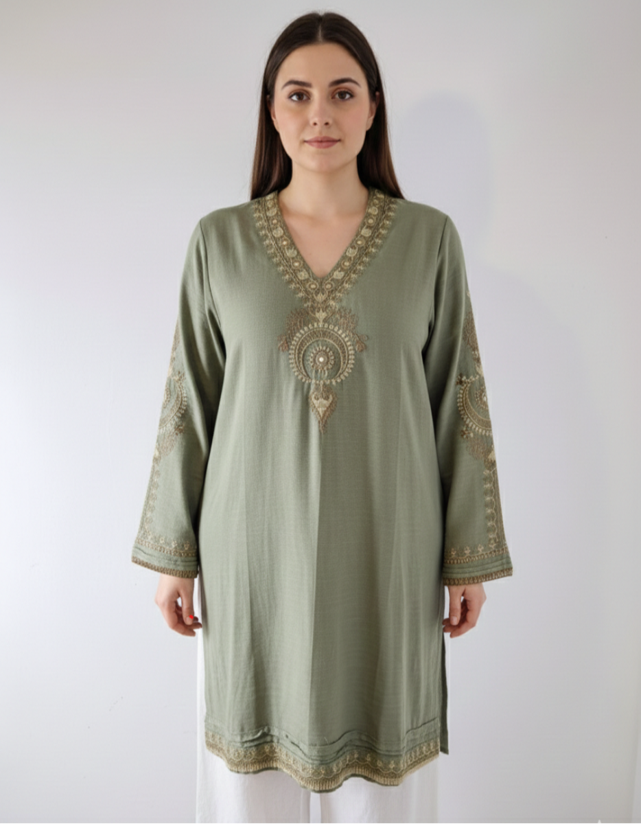 Sage Green Embroidered Ethnic Kurta – Elegant Cotton Tunic with Intricate Neckline Detail