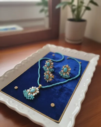 Handcrafted Turquoise Beaded Floral Jewelry Set – Gold-Plated Kundan Necklace, Earrings, and Statement Ring – 3-Piece Traditional Bridal & Festive Set