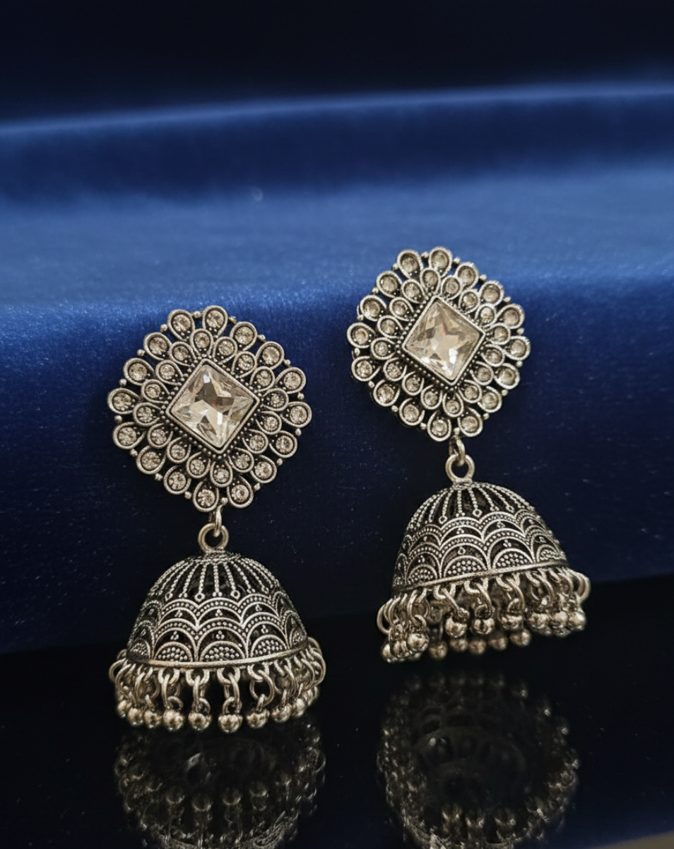 Vintage-Style Oxidized Silver Jhumka Earrings with Square CZ Inlay - Ethnic Indian Jewelry