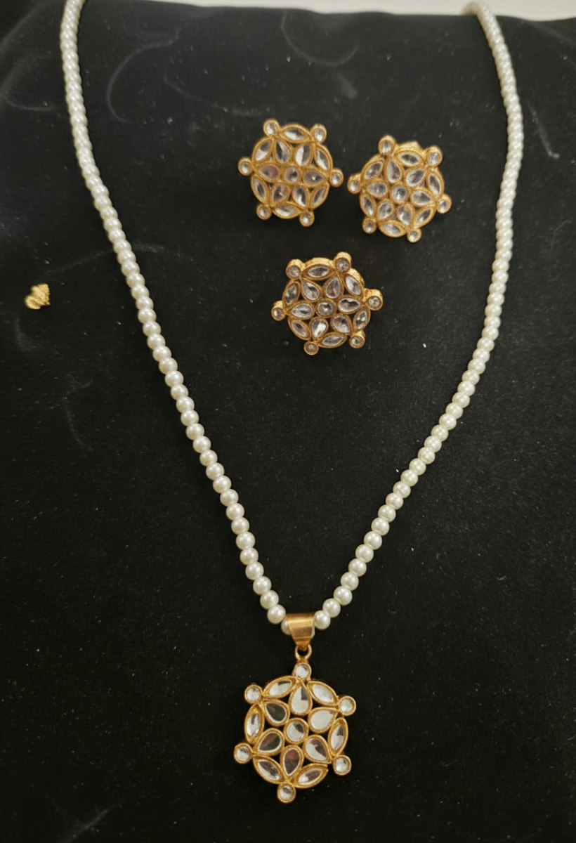 Handcrafted Kundan Pendant & Pearl Choker Set - Ethnic Gold-Plated Jewelry with Matching Earrings & Ring