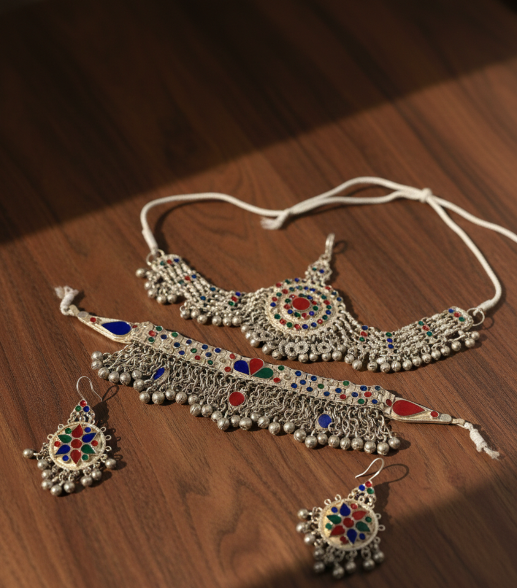 Vintage Afghan Kuchi Tribal Jewelry Set - Handcrafted Silver-Tone Choker, Headpiece & Earrings with Colorful Enamel