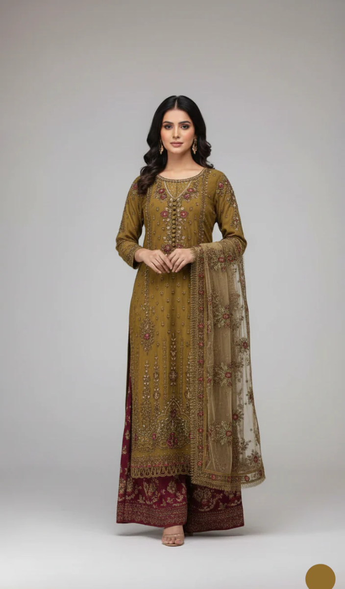 Dusty Gold Embroidered Party Wear Suit for Ladies