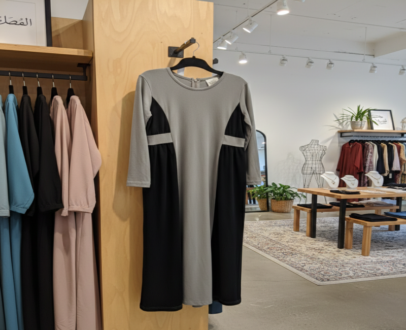 Two-Tone Jersey Abaya for Girls - Grey & Black Color Block Modest Dress