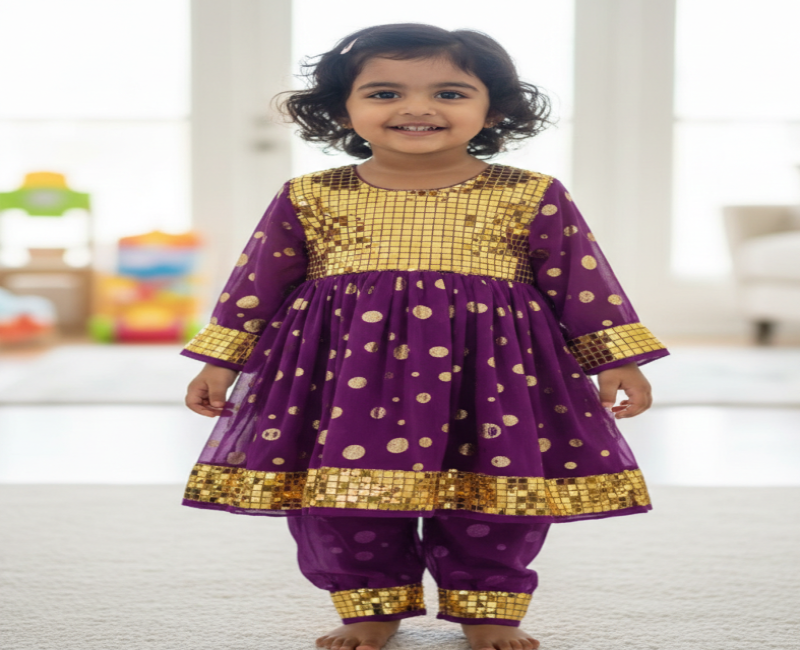 Toddler Girls' Royal Purple & Gold Sequin Embroidered Anarkali Set – 2 Piece Festive Ethnic Wear