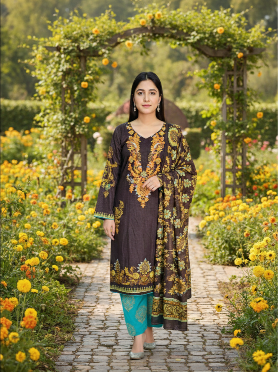 Heritage Elegance: Dark Brown Embroidered 3-Piece Suit with Teal Golden-Print Trousers