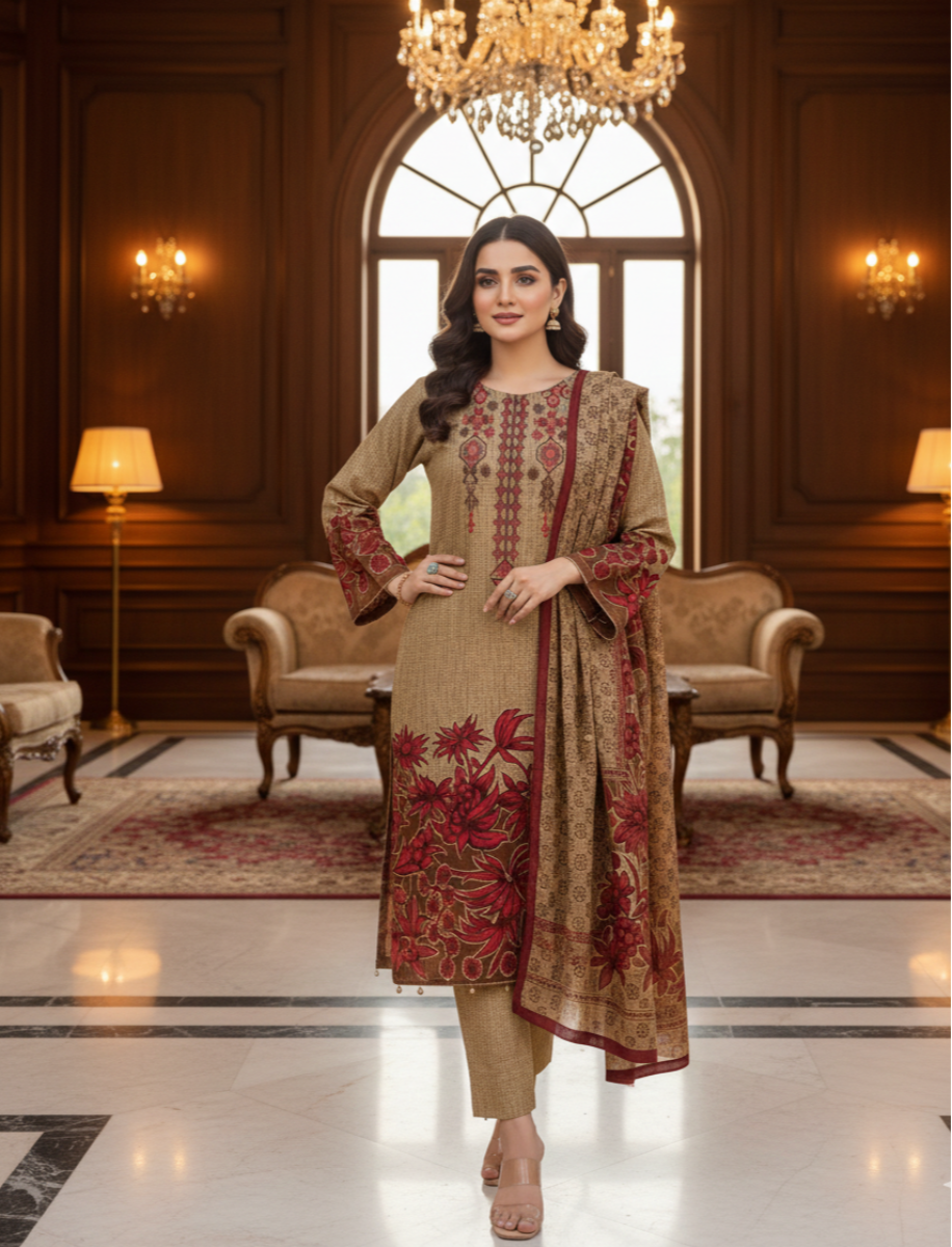Elegant Earth-Tone Floral 3-Piece Suite – Traditional Digital Print Slub Khaddar with Ornate Dupatta