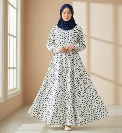 Modern Polka Dot Maxi Abaya – Breathable Flowing Silhouette with Matching Hijab