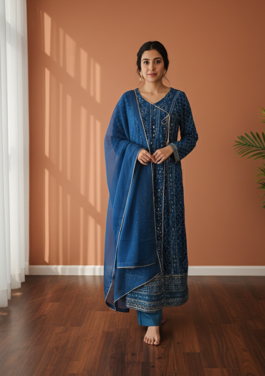 Midnight Indigo Hand-Embroidered Angrakha Suit – Elegant 3-Piece Ethnic Set with Sheer Dupatta