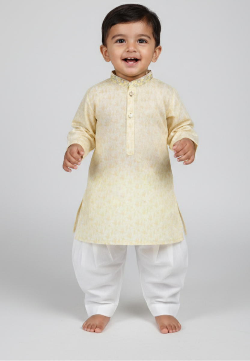 J. Junaid Jamshed Infant Boys’ Festive Kurta Shalwar – Soft Pale Yellow Geometric 2-Piece Set (18 Months)