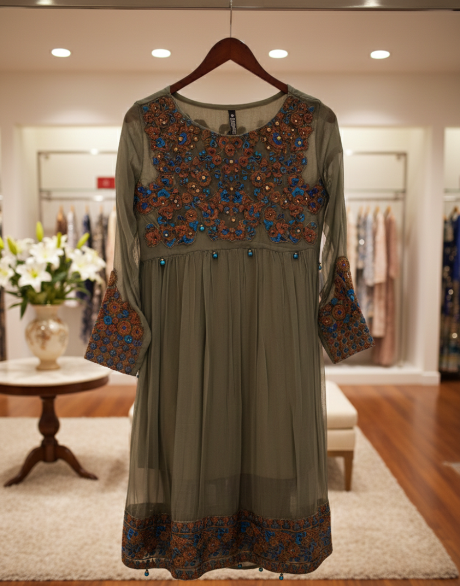 Boho-Luxe Sage Embroidered Tunic | Intricate Beadwork & Floral Artistry - Size Large