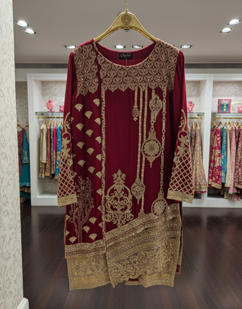 Elegant 3-Piece Maroon Chiffon Embroidered Suit – Women’s Size Large – Premium Festive Wear (Free Shipping)