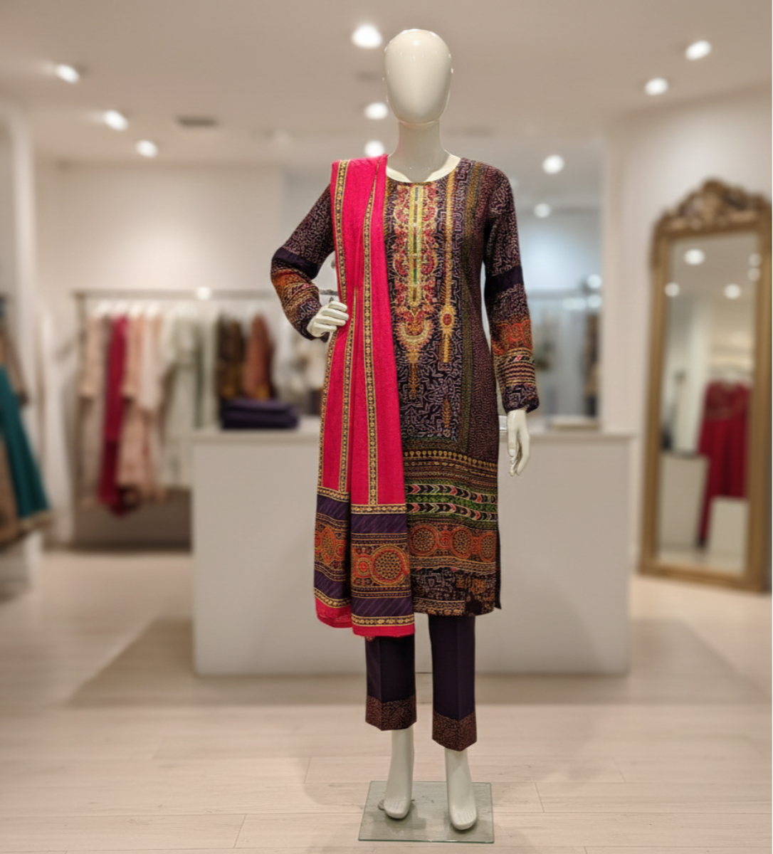 Plum Majesty: Embroidered Linen 3-Piece Suit
