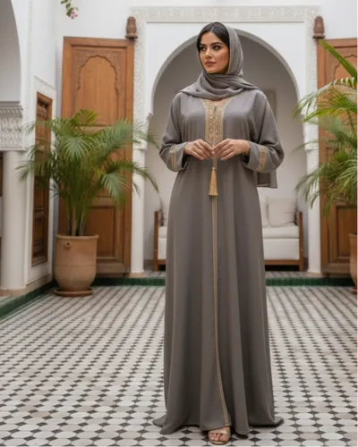 Gilded Heritage: Mocha Grey Embroidered Abaya