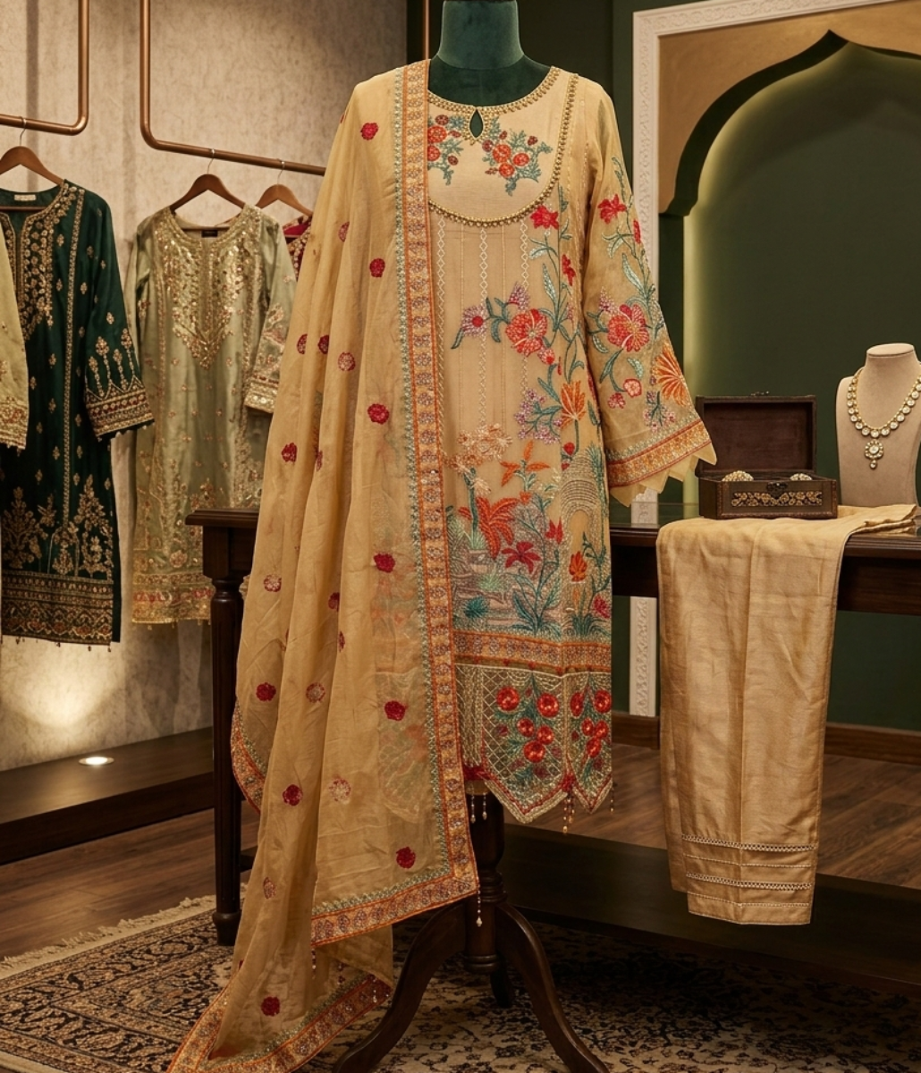 Golden Floral Muse: Embroidered Luxury Suit