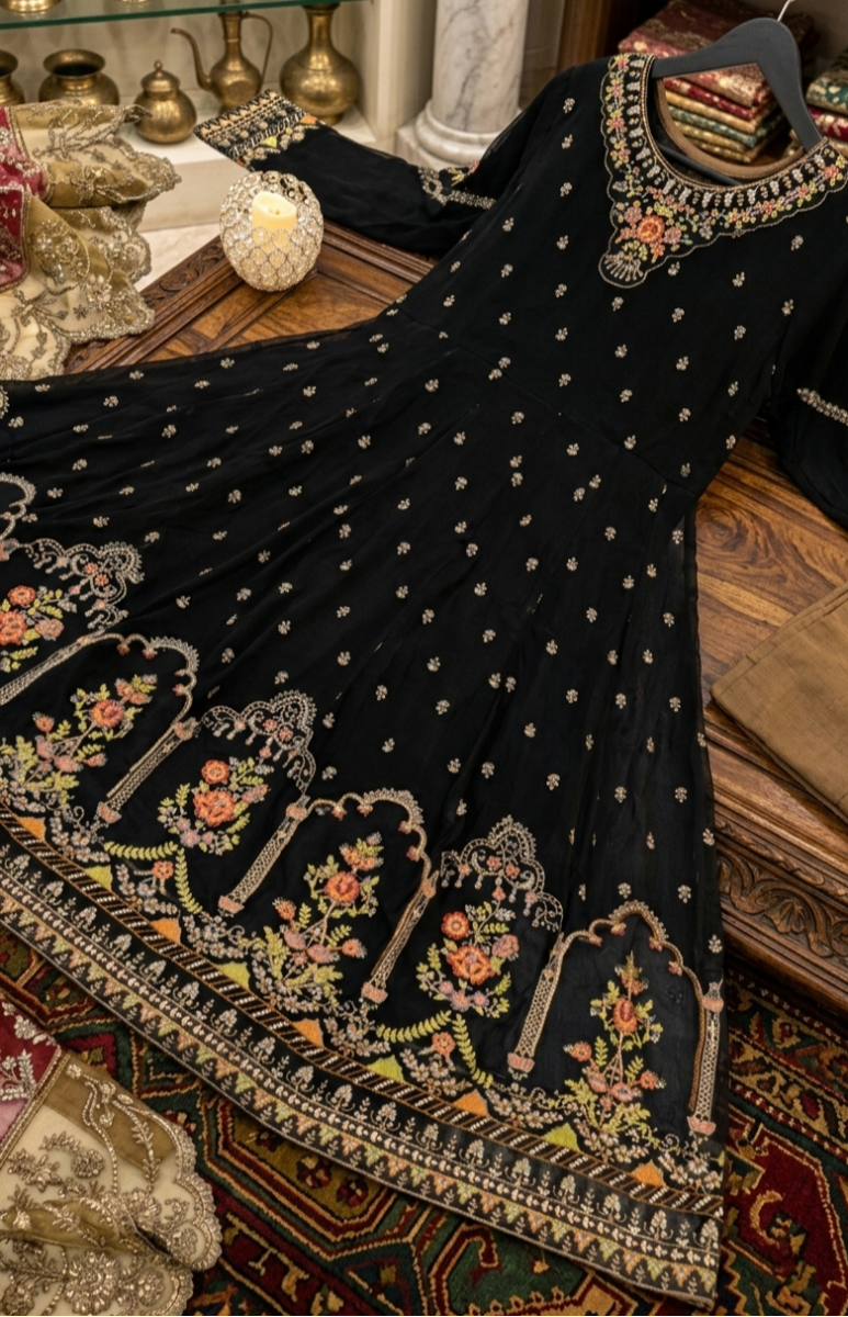 Midnight Floral Chiffon Embroidered Anarkali Set