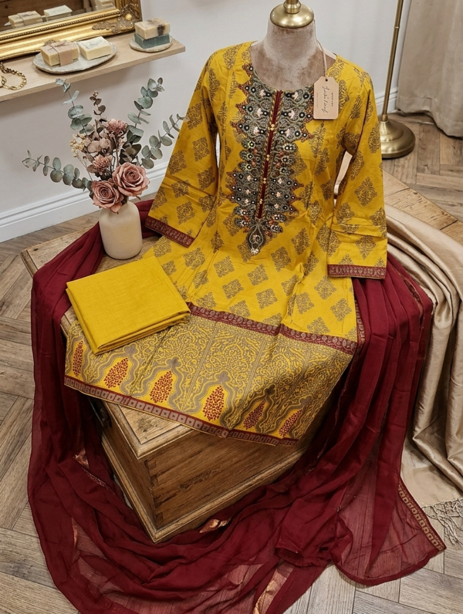 Mustard Gold Ethnic Embroidered Suit