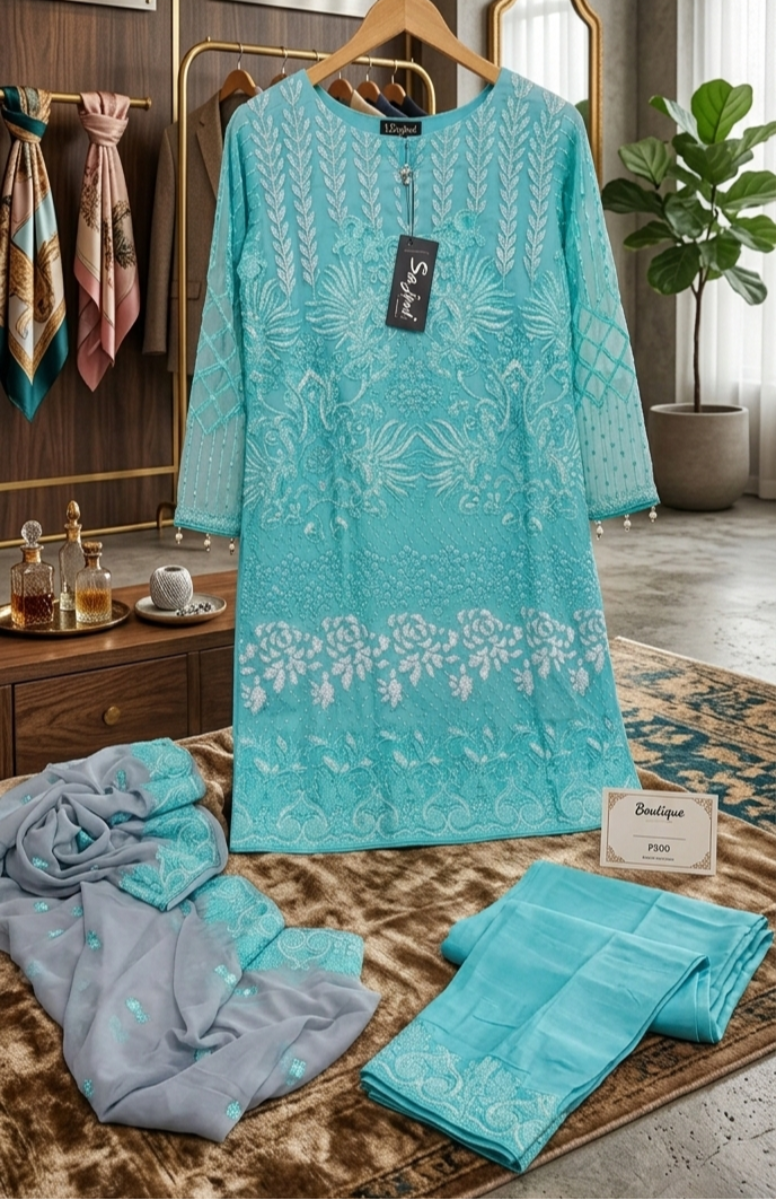 Turquoise Elegance: Hand-Embroidered Chiffon 3-Piece Set