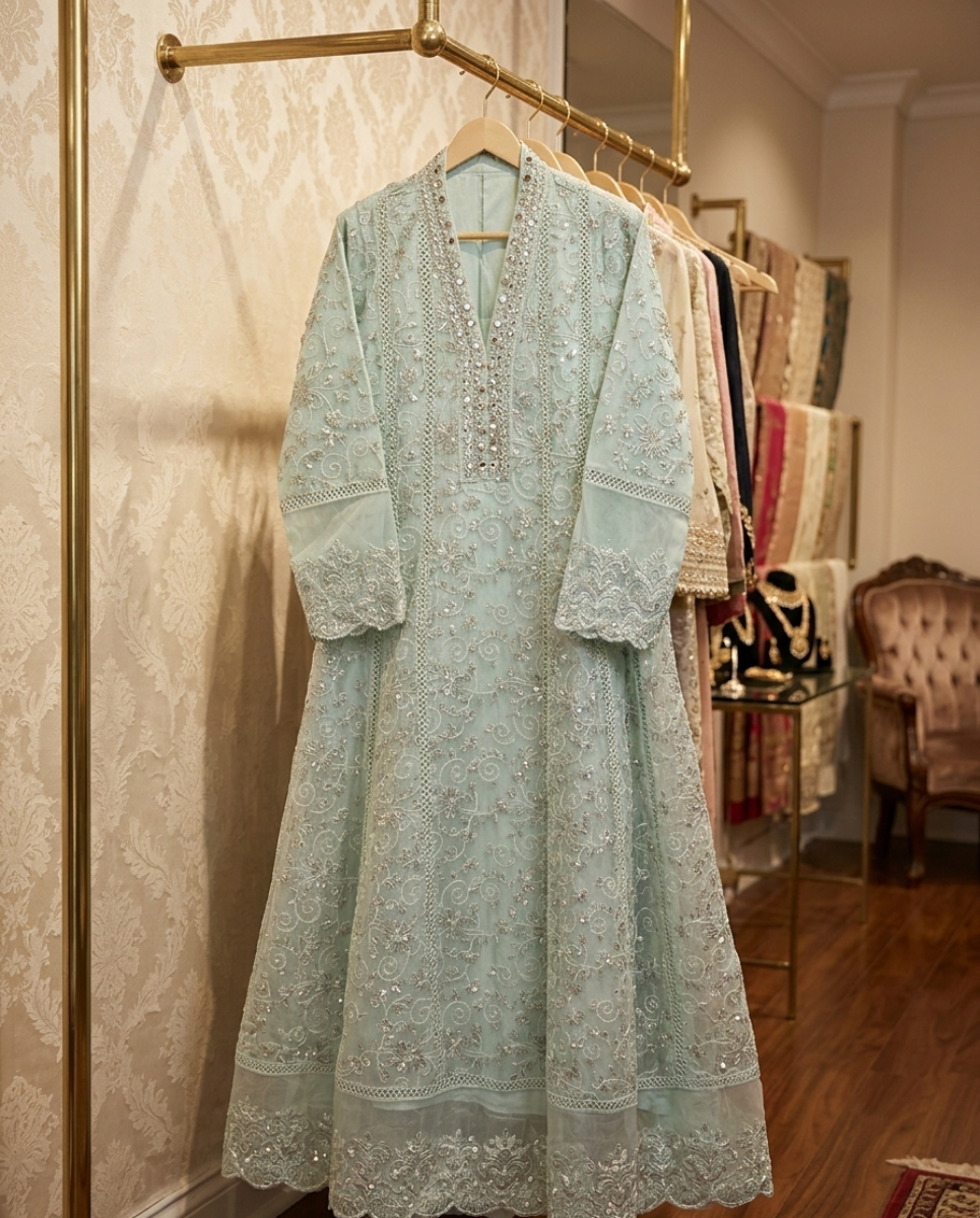 Mint Green Embellished Embroidered Maxi Dress –  2 pc with dupatta                  Small