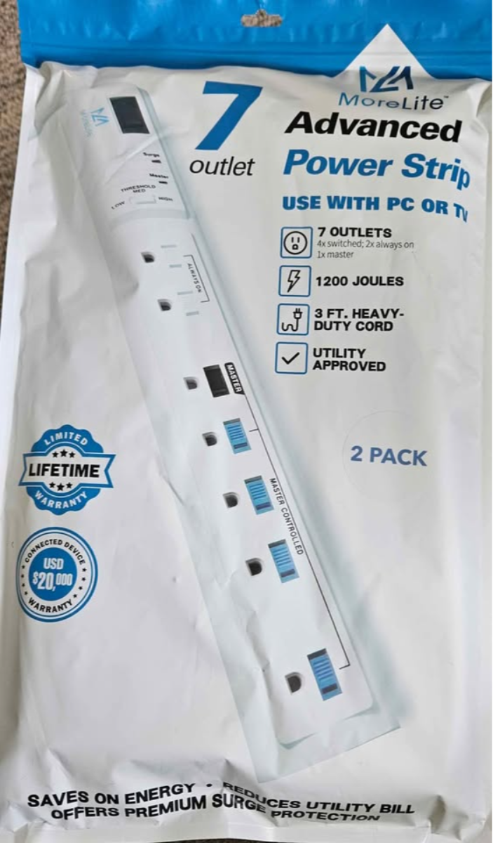 MoreLite 7 Outlet Advanced Power Strip Surge Protector 1200 Joules (2 Pack)