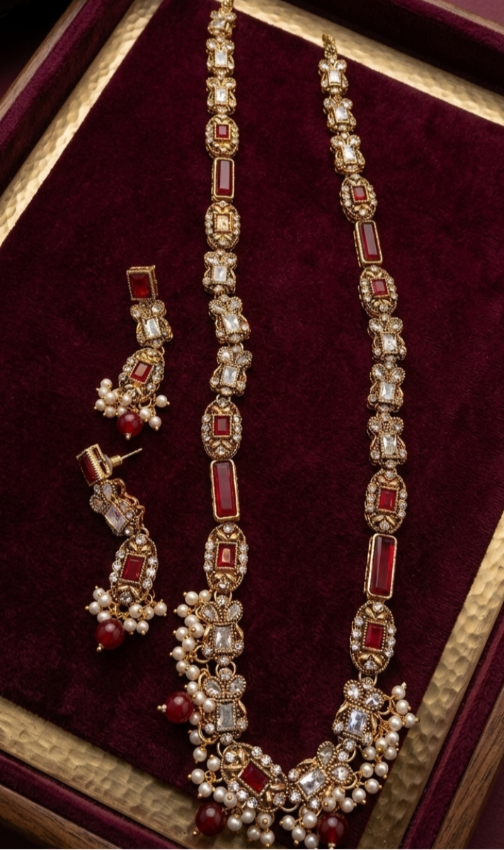 Royal Maroon Kundan Long Necklace Set