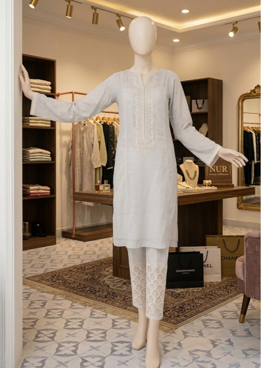 Elegant White Lace Embroidered Kurta Set