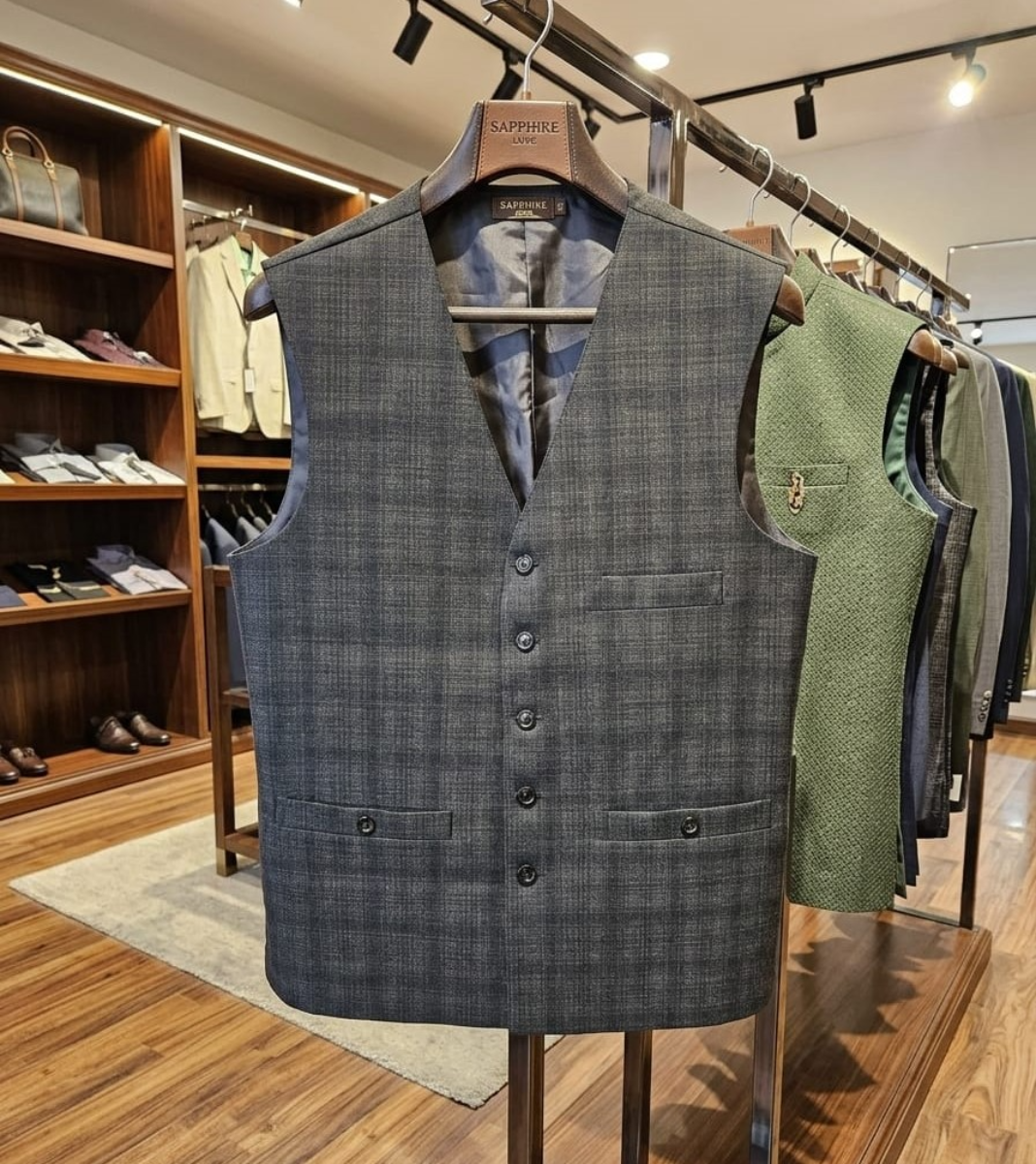 Charcoal  Plaid Waistcoat - Modern Slim Fit Formal Vest