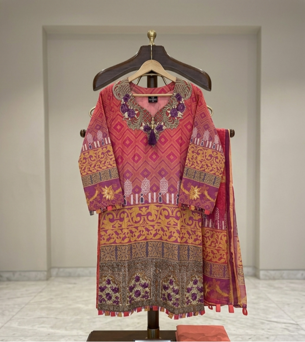 Luxury 3-Piece Printed Lawn Suit with Embroidered Neckline & Chiffon Dupatta