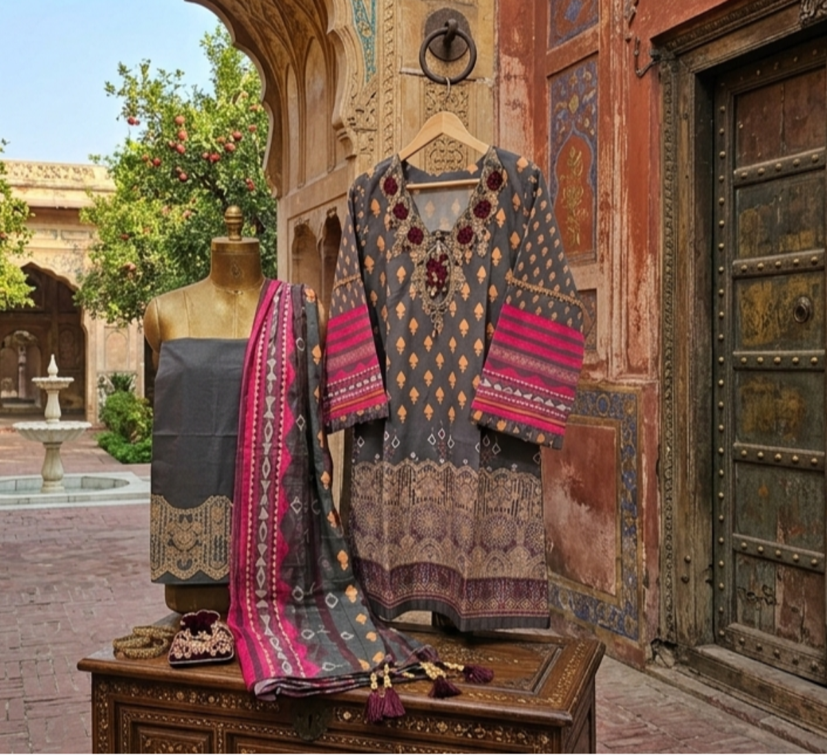 Luxe Embroidered 3-Piece Festive Suit in Charcoal Grey
