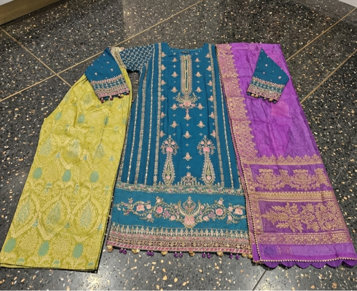 Luxury Teal Gold-Embroidered 3PC Suit with Purple Organza Dupatta