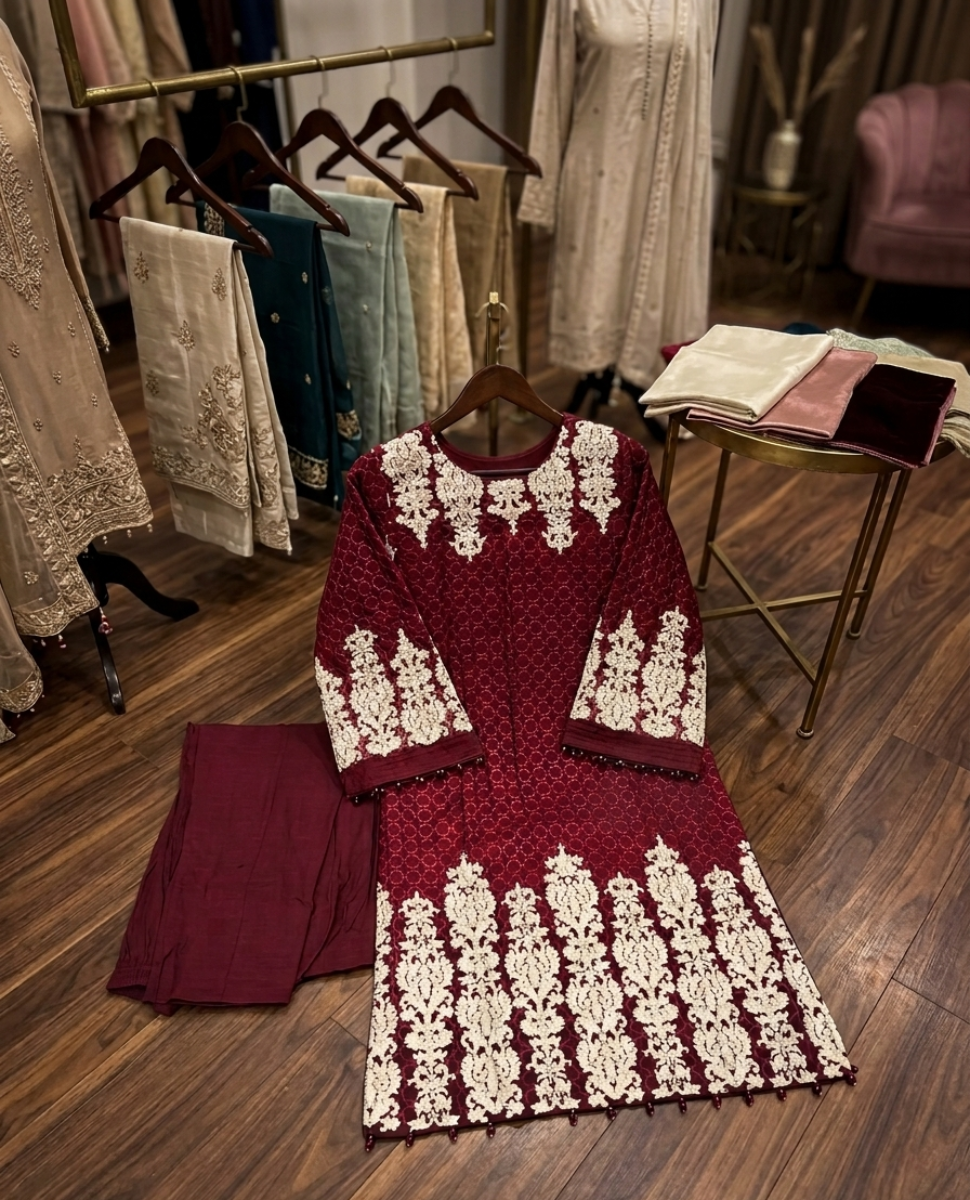 Maroon & Cream Embroidered Designer Kurta Set – Occasion Wear