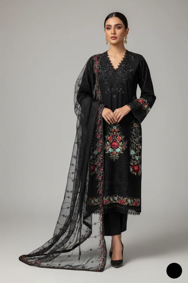 Black Floral Embroidered Chiffon 3 Piece Party Wear Suit with Organza Dupatta