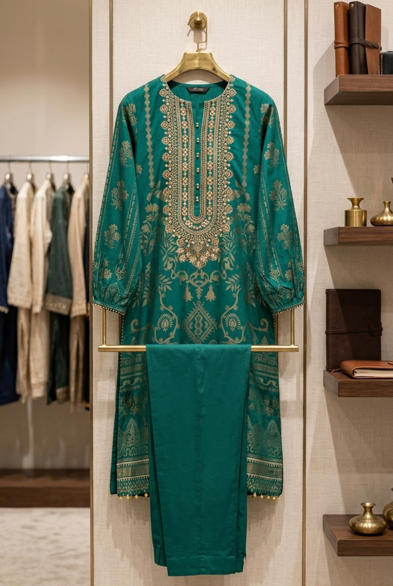 B Baroque: Regal Emerald Jacquard 2PC – Effortless Elegance