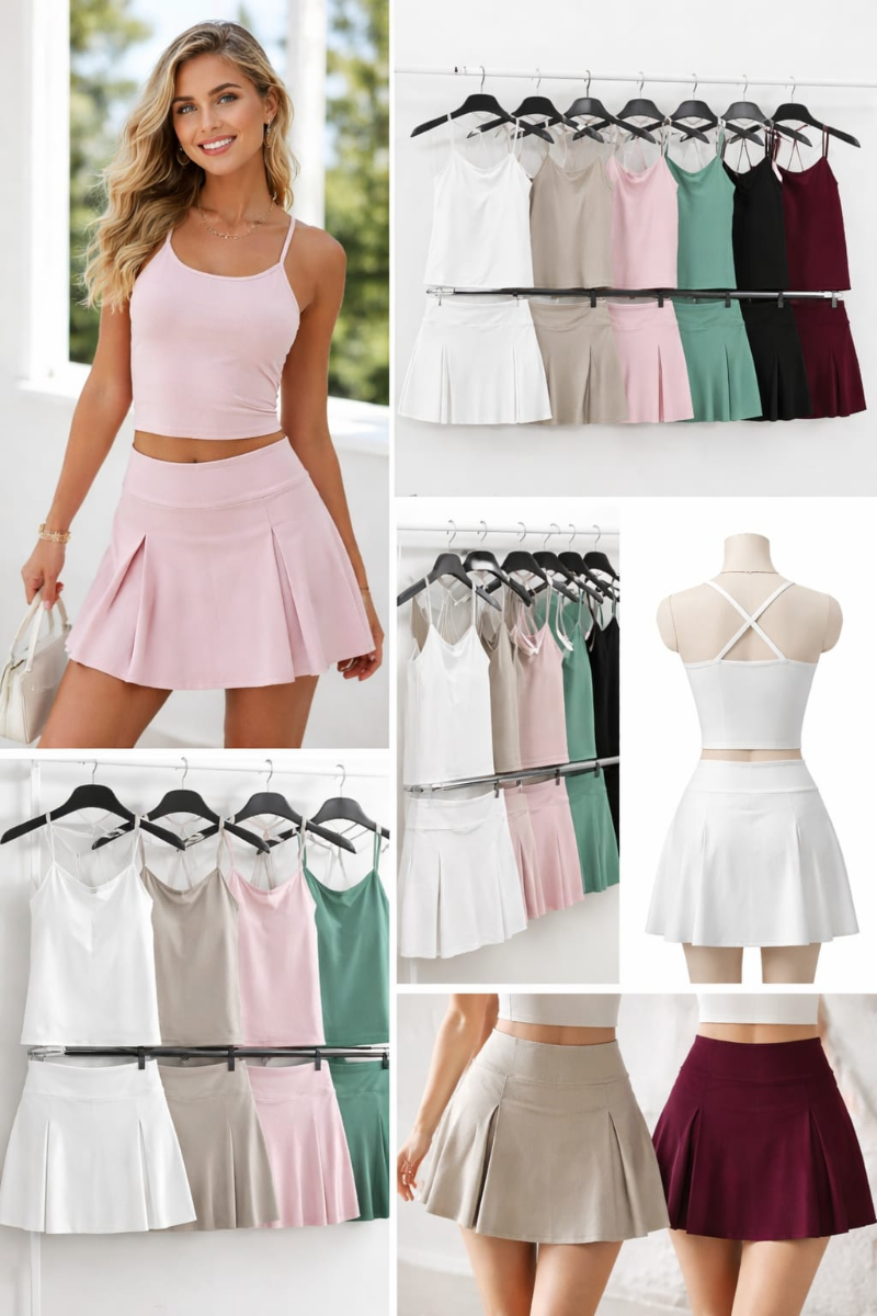 Women’s 2 Piece Crop Top & Pleated Mini Skirt Set – Stylish Summer Casual Outfit for Women