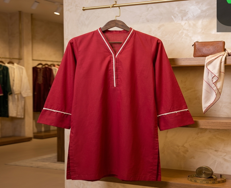 Red Cambric Y-Neck Shirt – Chic Daily Wear for Women