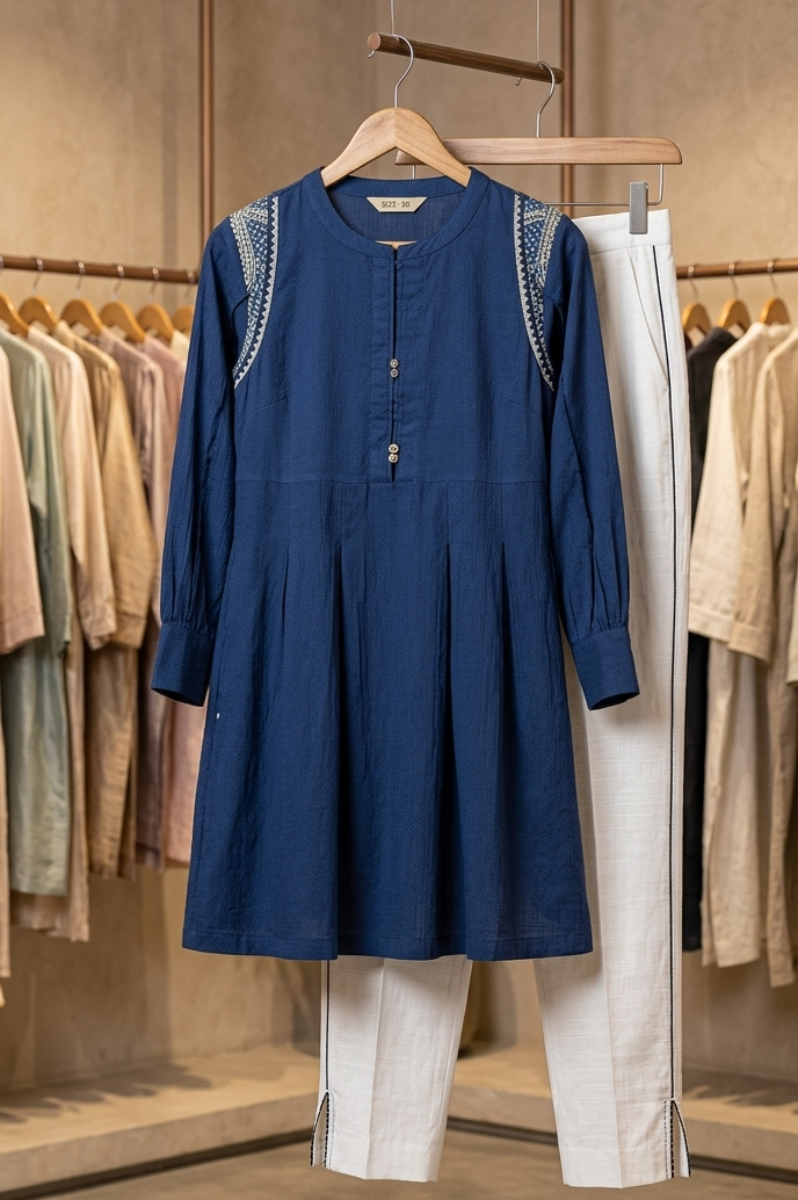 Navy Zenith Textured Tunic & Trouser Set