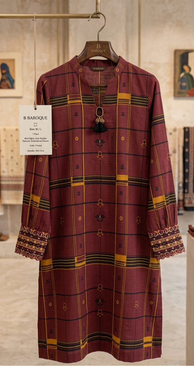 Maroon Checkered Slub Khaddar – Embroidered Elegance