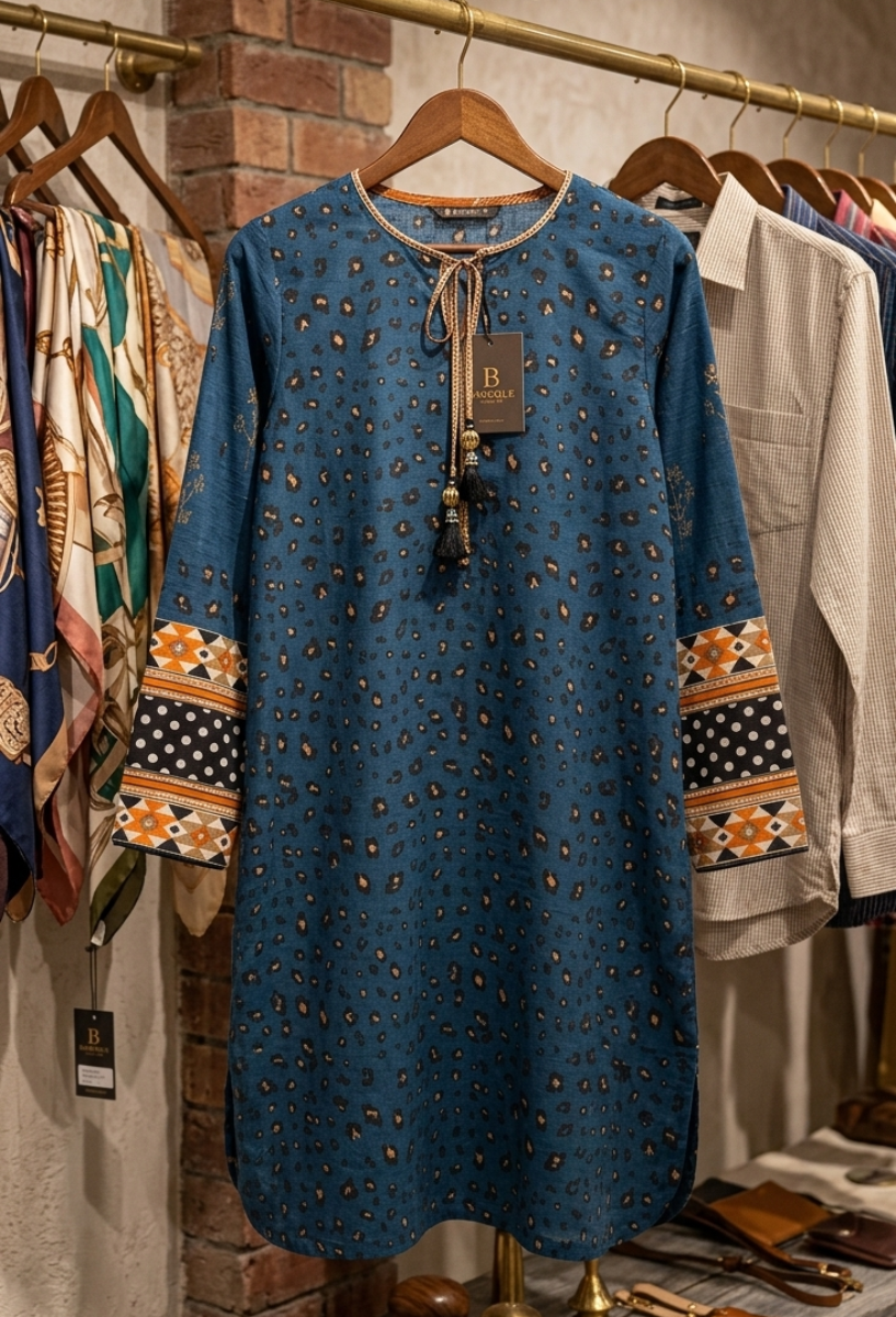 B Baroque Teal Leopard Print Slub Khaddar Shirt